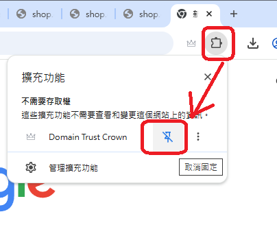 釘選 Domain Trust Crown 的操作示意：點擊擴充功能圖示後，按下名稱旁的圖釘按鈕